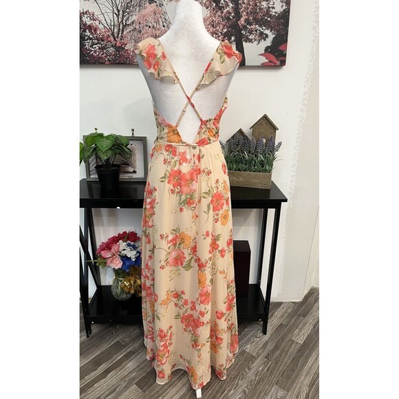 Lulus Women’s Wrap Long Dress Size  M Floral ruffled adjustable straps V Neck - Picture 7 of 12